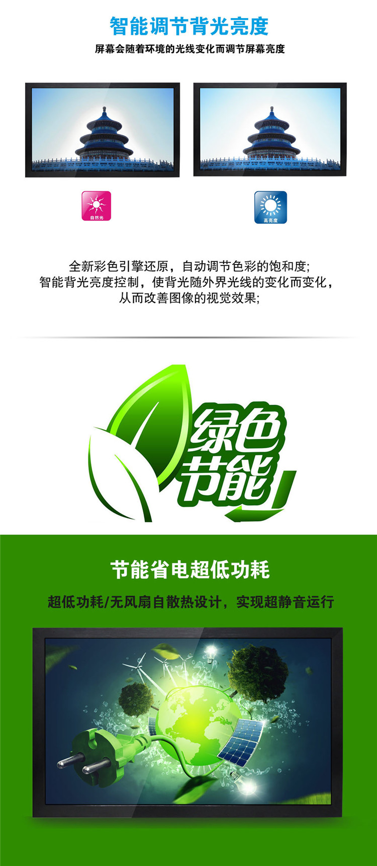 智能调节背光亮度，低功耗监视器